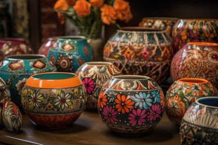 creative and colorful pottery, with patterns and designs created by the artist, created with generative aiの素材