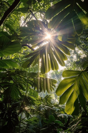 sun rays peeking through a canopy of leaves, created with generative aiの素材