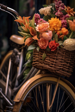 close-up of a bicycle with a flower basket, created with generative aiの素材