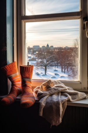 warm socks on a windowsill with frosty view outside, created with generative aiの素材