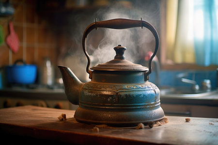 steaming cast iron kettle on stovetop, created with generative aiの素材