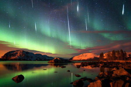 composite image of meteors and northern lights, created with generative aiの素材