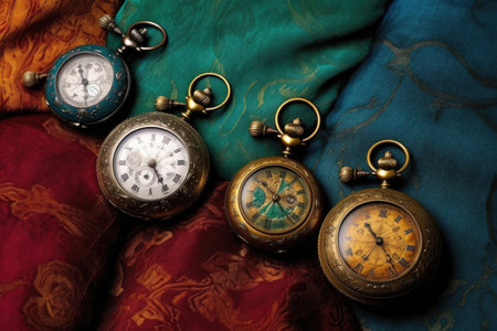 antique pocket watches on a velvet surface, created with generative aiの素材