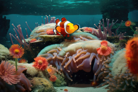 clownfish playfully interacting with sea anemones, created with generative aiの素材