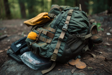 close-up of backpack, with hiking or survival gear visible, created with generative aiの素材