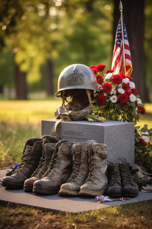 soldiers helmets, boots, and dog tags on a memorial, created with generative aiの素材