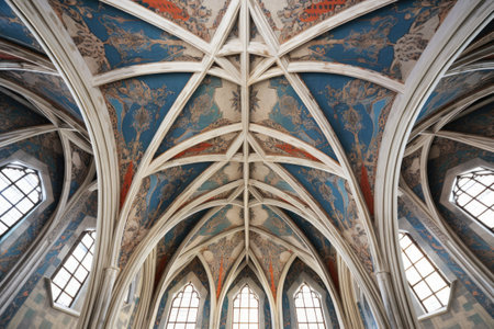 symmetrical view of vaulted ceiling with stained glass, created with generative aiの素材