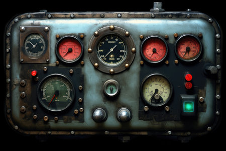control panel with illuminated buttons and gauges, created with generative aiの素材