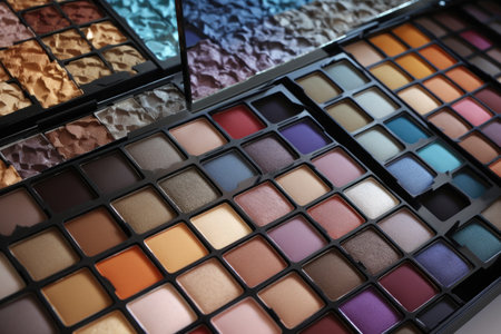 close-up of professional makeup palette, with dozens of shades and textures visible, created with generative aiの素材