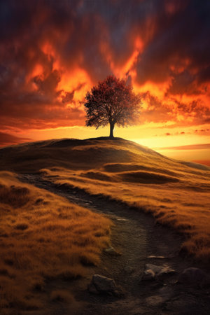 lone tree on a hill during a dramatic sunset, created with generative aiの素材