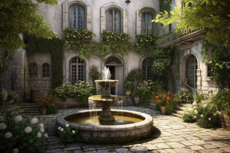 stone house courtyard with a garden and fountain, created with generative aiの素材
