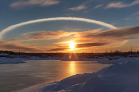 intense sun dogs appearing during arctic sunset, created with generative aiの素材