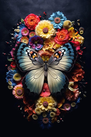 colorful butterfly resting on a blooming flower, created with generative aiの素材