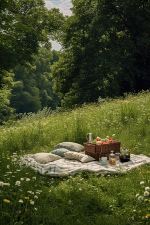 a picnic blanket spread out in a lush green field, created with generative aiの素材