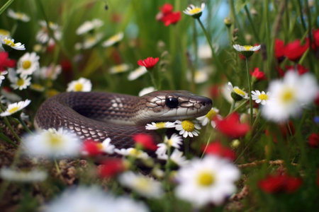 slow worm camouflaged in a bed of wildflowers, created with generative aiの素材