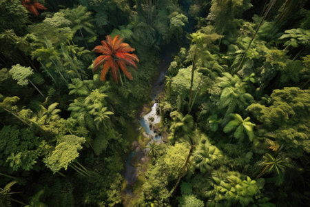 top-down view of a lush tropical rainforest canopy, created with generative aiの素材