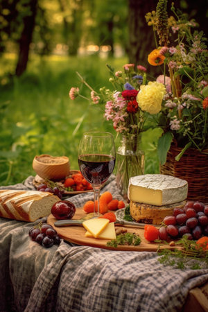 romantic picnic setting with wine, cheese, and fruit, created with generative aiの素材