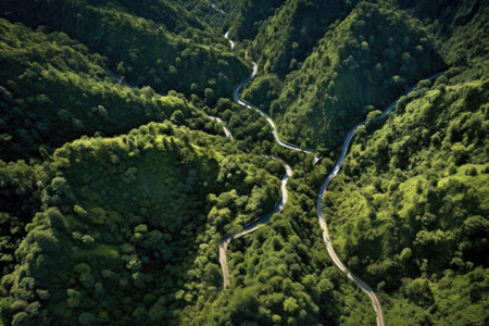 aerial view of a winding mountain trail through dense forest, created with generative aiの素材