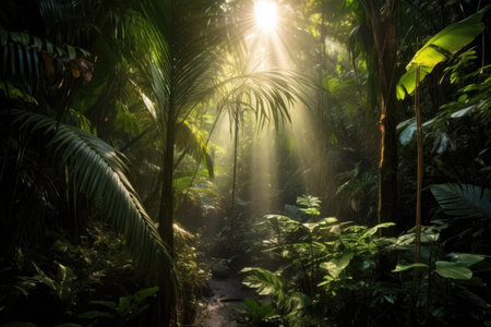 sun rays piercing through dense rainforest foliage, created with generative aiの素材