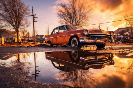 rusted car wreck reflection in a still puddle, created with generative aiの素材