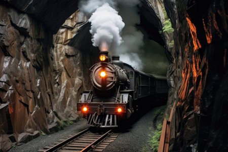 steam engine train passing through a mountain tunnel, created with generative aiの素材