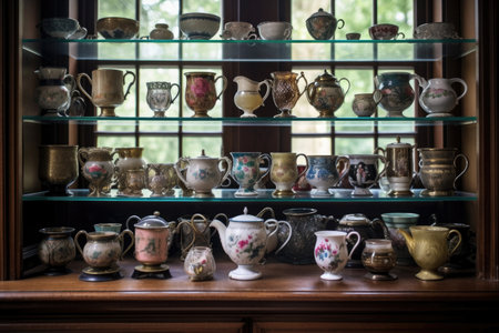 antique teacup collection in a glass display cabinet, created with generative aiの素材