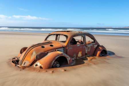 rusty car wreck half-buried in sand at a beach, created with generative aiの素材