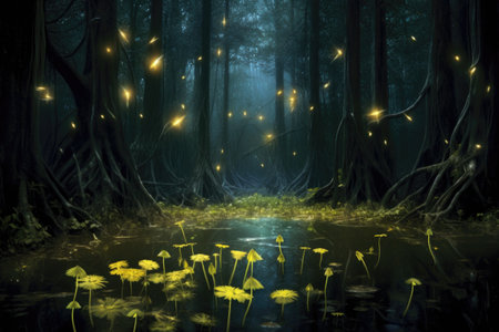 fireflies creating a natural light show among swamp plants, created with generative aiの素材