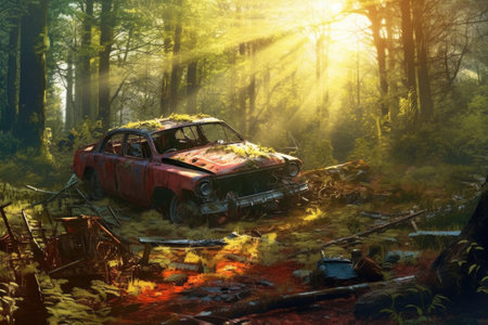 rusty car wreck in a forest, sunlight peeking through, created with generative aiの素材