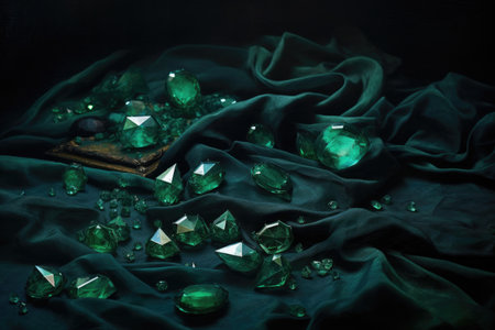 emeralds scattered on dark velvet surface, created with generative aiの素材