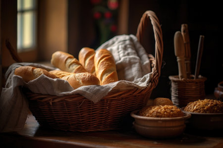 freshly baked baguettes in a rustic woven basket, created with generative aiの素材
