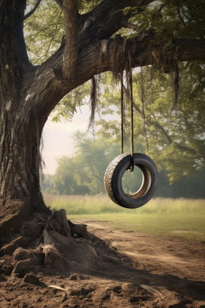 old tire swing hanging from a tree branch in rural setting, created with generative aiの素材