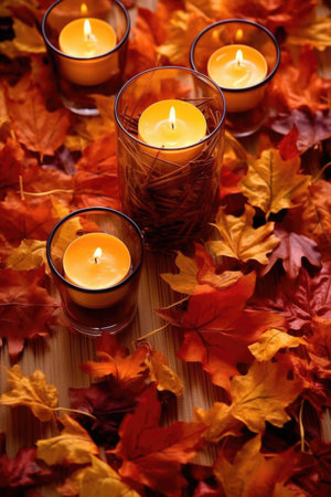 autumn leaves and candles as table centerpiece, created with generative aiの素材