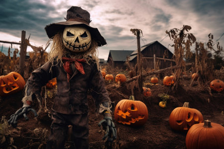pumpkin patch with a spooky halloween-themed scarecrow, created with generative aiの素材
