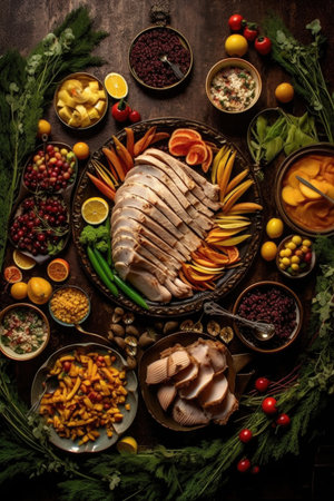 sliced turkey and side dishes served on plates, created with generative aiの素材