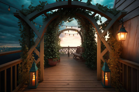 tasteful trellis archway with ropes and lanterns over wooden deck, created with generative aiの素材