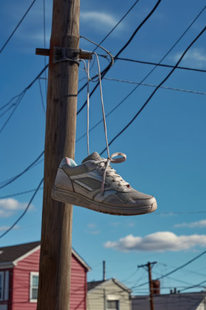 a pair of sneakers hanging on a power line, created with generative aiの素材