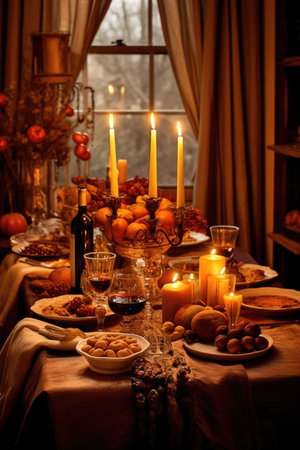 cozy candlelit table setting for thanksgiving dinner, created with generative aiの素材