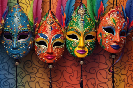 mardi gras masks hanging on a festive background, created with generative aiの素材