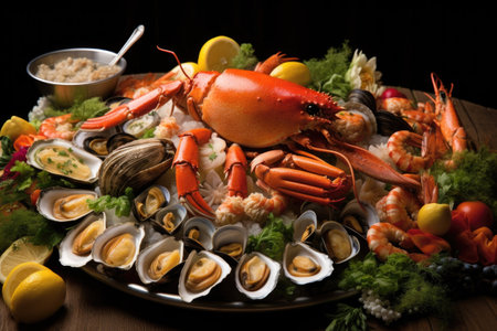 seafood platter with shrimp, oysters and crab legs, created with generative aiの素材
