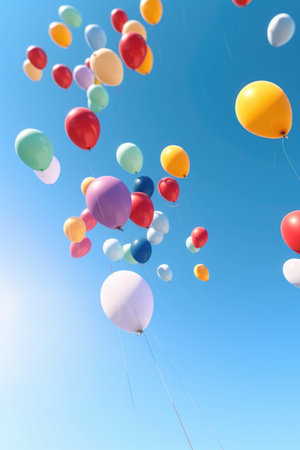colorful balloons floating in clear blue sky, created with generative aiの素材