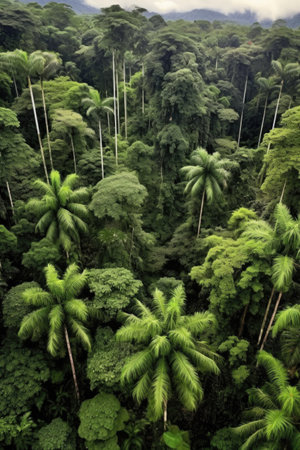 aerial view of a lush, tropical rainforest canopy, created with generative aiの素材