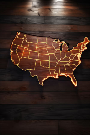 glowing us map on a dark wooden background, created with generative aiの素材