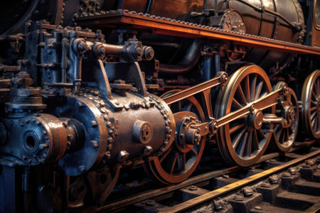 close-up of steam locomotives wheels and machinery, created with generative aiの素材