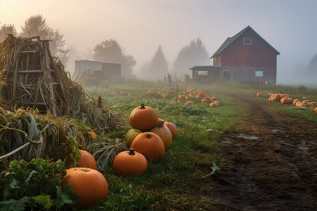 foggy morning scene in a pumpkin patch, created with generative aiの素材