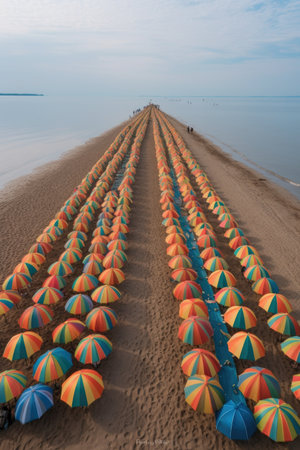 rows of identical colorful umbrellas on a beach, created with generative aiの素材