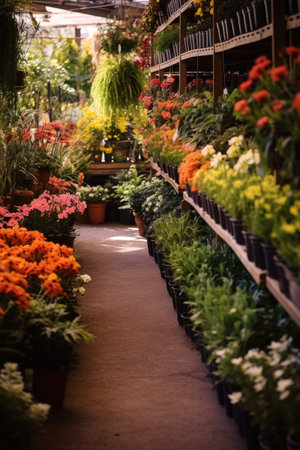 rows of plants and flowers at a garden center, created with generative aiの素材