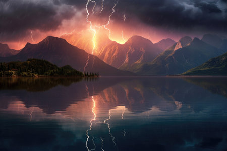 lightning reflection on a calm lake with surrounding mountains, created with generative aiの素材