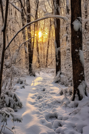 thick blanket of snow on a quiet forest trail, created with generative aiの素材
