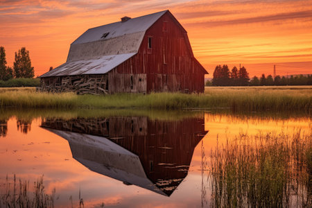 rustic barn reflected in a calm pond at sunset, created with generative aiの素材